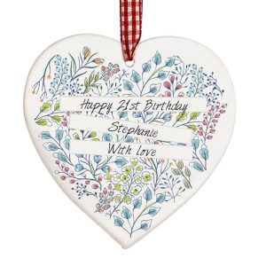 Personalised Botanical Design Wooden Hanging Heart Keepsake Gift