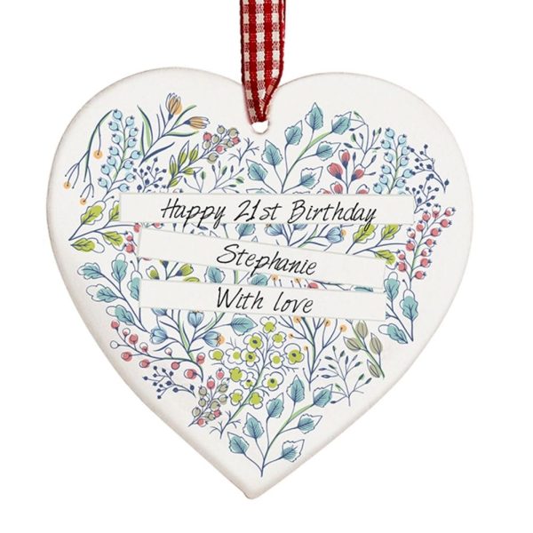 Personalised Botanical Design Wooden Hanging Heart Keepsake Gift