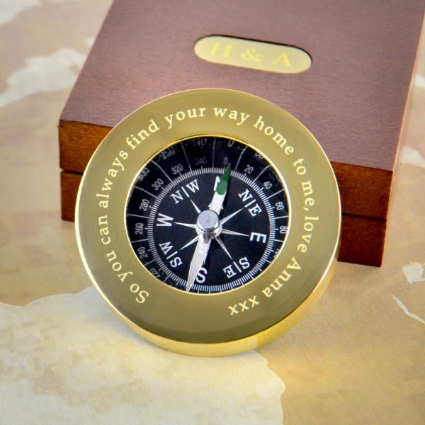 Personalised Brass Travellers Compass With Wooden Box - Birthday Gift, Graduation, Retirement, Christening, Wedding Gift