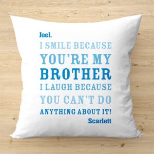 Personalised Brother Smile Cushion - White And Blue Cotton - 45x45cm - A Thoughtful Gift For A Brother, Ideal Birthday Or Christmas Gift