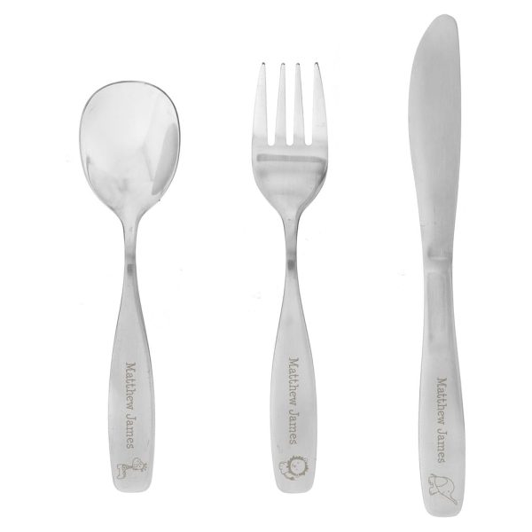 Personalised Children's Cutlery Set (Hessian Friends) - Personalised Christening Gifts - Lovely Stainless Steel 3-Piece Silverware Set