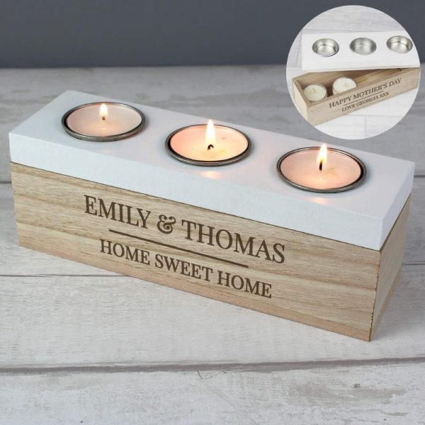 Personalised Classic Triple Tea Light Box - Personalised Anniversary Gift - Chic, Rustic Wooden Base Tea Light Holder