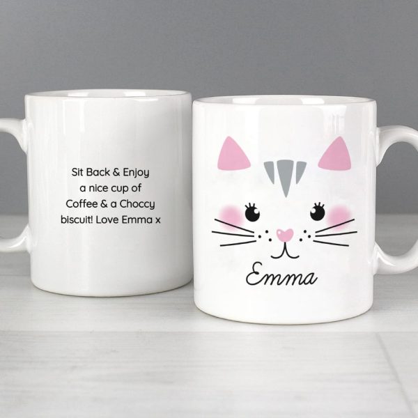Personalised Cute Animal Face Mugs (Cat) - Personalised Gift Mugs - Who Doesn't Love A Cuppa In A Cute Mug
