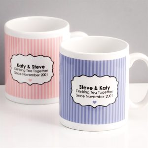 Personalised Drinking Tea Together Since... Pair Of Mugs - White, Pink And Blue - 12x9.5x8cm - A Thoughtful Gift For Romantic Occasions