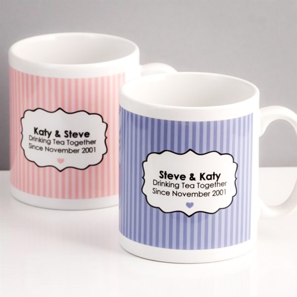 Personalised Drinking Tea Together Since... Pair Of Mugs - White, Pink And Blue - 12x9.5x8cm - A Thoughtful Gift For Romantic Occasions