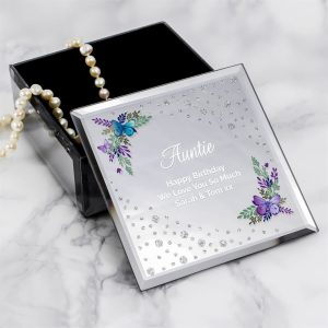 Personalised Floral Butterfly Diamante Glass Trinket Box - Personalised Gift - Dazzling Gift To Store Small Jewellery Or Trinkets