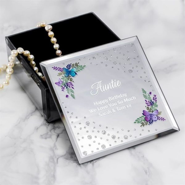 Personalised Floral Butterfly Diamante Glass Trinket Box - Personalised Gift - Dazzling Gift To Store Small Jewellery Or Trinkets