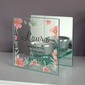 Personalised Floral Thinking Of You Gifts (Mirrored Glass Tea Light Holder) - Personalised Gifts - Give Your Loved One A Pick-Me-Up