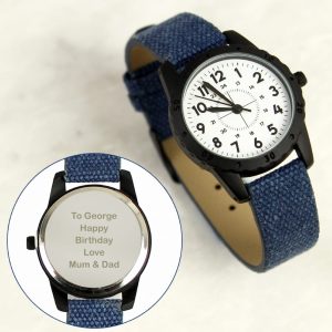 Personalised Kids Watch - Back of Watch Engraved with Blue Strap