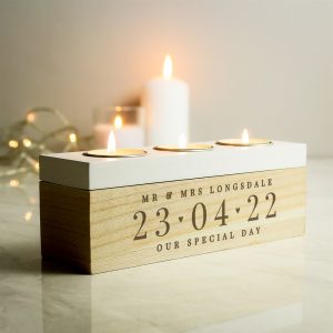 Personalised Large Date Triple Tea Light Box - Personalised Gifts - Ideal For Couples, Weddings, Anniversaries, Valentine's Day