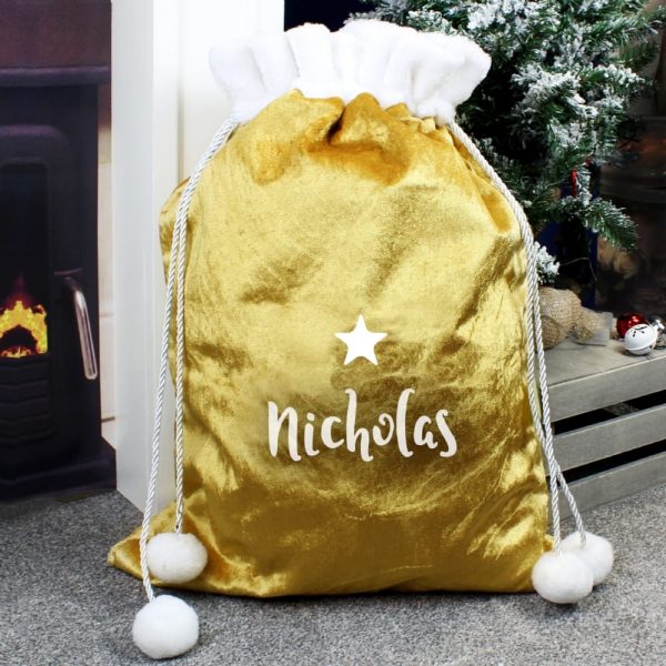Personalised Name Only Gold Luxury Pom Pom Sack - The Perfect Way To Keep All Those Gifts Safe Until Christmas Morning