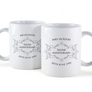 Personalised Pair Of Silver Anniversary Mugs - White And Silver - These Lovely Mugs Are The Perfect Gift To Celebrate