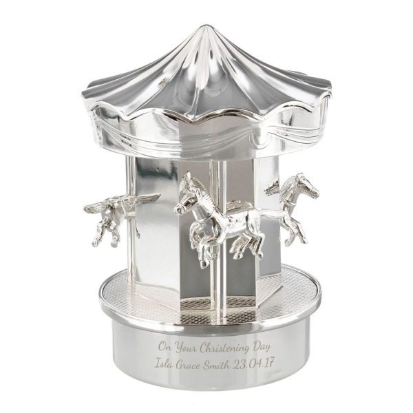 Personalised Silver Carousel Money Box - Beautiful Christening Gift - Engraved With A 60 Character Message Of Your Choice On The Base