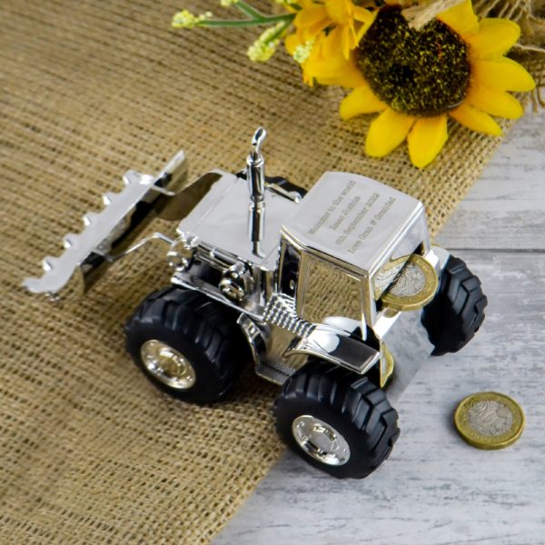 Personalised Silver Plated Tractor Money Box - Boys Christening Gift