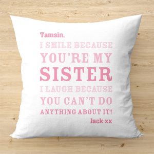 Personalised Sister Smile Cushion - White And Pink Cotton - A Thoughtful Gift For Your Sister's Birthday, Christmas, Or A Special Occasion