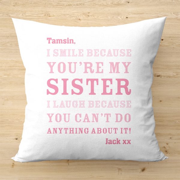Personalised Sister Smile Cushion - White And Pink Cotton - A Thoughtful Gift For Your Sister's Birthday, Christmas, Or A Special Occasion