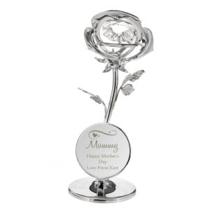 Personalised Swirls & Hearts Crystocraft Rose Ornament - Personalised Gifts - Silver-Plated Ornament Complete With Delicate Leaves