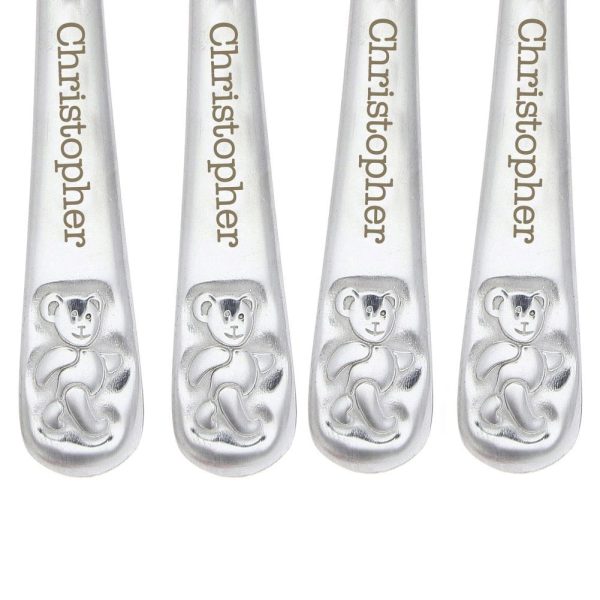 Personalised Teddy Cutlery Set - Personalised Christening Gifts - Child'S First Cutlery Set; With Teddy Bear Images