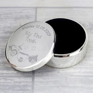 Personalised Train First Tooth Box - Round Metal Keepsake Gift