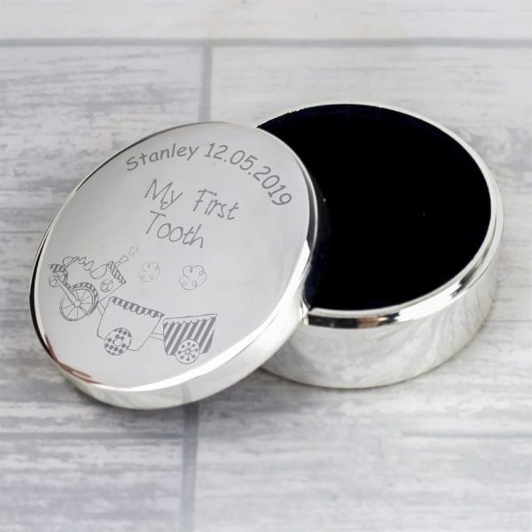 Personalised Train First Tooth Box - Round Metal Keepsake Gift