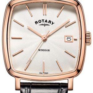 Rotary Windsor Rose Gold Brown Leather Strap Men's Cushion Watch