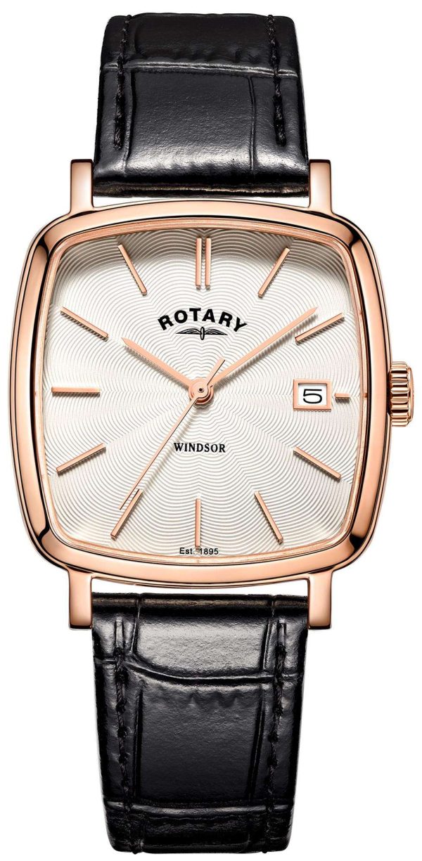 Rotary Windsor Rose Gold Brown Leather Strap Men's Cushion Watch