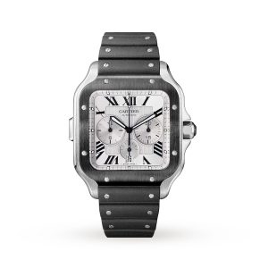 Santos De Cartier Chronograph Watch Extra-Large Model, Automatic Movement, Steel, ADLC, Interchangeable Rubber And Leather Bracelets