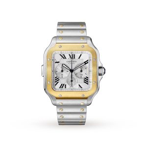 Santos De Cartier Chronograph Watch Extra-Large Model, Automatic Movement, Yellow Gold, Steel, Interchangeable Metal And Rubber Bracelets