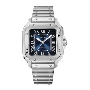 Santos de Cartier Watch, Medium Model, Steel, Automatic, Interchangeable Leather Strap