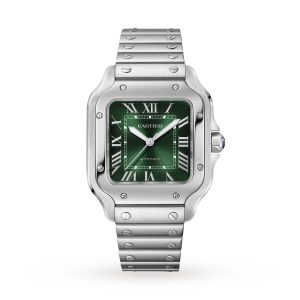 Santos de Cartier Watch, Medium Model, Steel, Automatic, Interchangeable Leather Strap