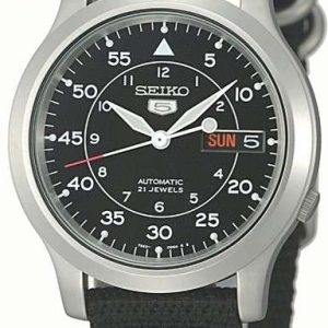 Seiko 5 Automatic Black Dial Black NATO Fabric Strap Mens Watch SNK809K2